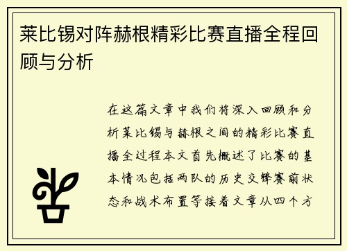 莱比锡对阵赫根精彩比赛直播全程回顾与分析